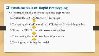  Fundamentals of Rapid Prototyping
RP techniques employ the some basic five-step process
1.Creating the 3D CAD model of the design
2.Converting the CAD model into STL format (stereo lithography)
3.Slicing the STL file into thin cross-sectional layers
4.Constructing the model one layer atop another
5.Cleaning and finishing the model
 
