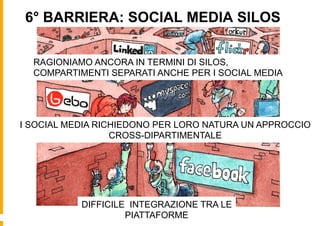6° BARRIERA: SOCIAL MEDIA SILOS

  RAGIONIAMO ANCORA IN TERMINI DI SILOS,
  COMPARTIMENTI SEPARATI ANCHE PER I SOCIAL MEDIA




I SOCIAL MEDIA RICHIEDONO PER LORO NATURA UN APPROCCIO
                  CROSS-DIPARTIMENTALE




           DIFFICILE INTEGRAZIONE TRA LE
                    PIATTAFORME
 