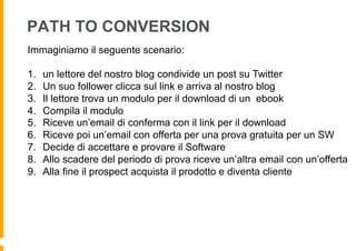 PATH TO CONVERSION
Immaginiamo il seguente scenario:

1.    un lettore del nostro blog condivide un post su Twitter
2.    Un suo follower clicca sul link e arriva al nostro blog
3.    Il lettore trova un modulo per il download di un ebook
4.    Compila il modulo
5.    Riceve un’email di conferma con il link per il download
6.    Riceve poi un’email con offerta per una prova gratuita per un SW
7.    Decide di accettare e provare il Software
8.    Allo scadere del periodo di prova riceve un’altra email con un’offerta
9.    Alla fine il prospect acquista il prodotto e diventa cliente
 
