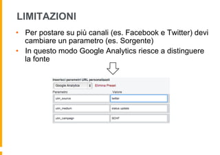 LIMITAZIONI
•  Per postare su più canali (es. Facebook e Twitter) devi
   cambiare un parametro (es. Sorgente)
•  In questo modo Google Analytics riesce a distinguere
   la fonte
 