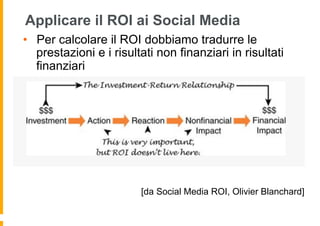 Applicare il ROI ai Social Media
•  Per calcolare il ROI dobbiamo tradurre le
   prestazioni e i risultati non finanziari in risultati
   finanziari




                         [da Social Media ROI, Olivier Blanchard]
 