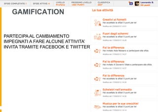 GAMIFICATION


PARTECIPA AL CAMBIAMENTO
IMPEGNATI A FARE ALCUNE ATTIVITA’
INVITA TRAMITE FACEBOOK E TWITTER
 