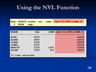 SQL> SELECT ename, sal, comm, (sal*12)+NVL(comm,0)
2 FROM emp;
Using the NVL Function
Using the NVL Function
ENAME SAL COMM (SAL*12)+NVL(COMM,0)
---------- --------- --------- --------------------
KING 5000 60000
BLAKE 2850 34200
CLARK 2450 29400
JONES 2975 35700
MARTIN 1250 1400 16400
ALLEN 1600 300 19500
...
14 rows selected.
 