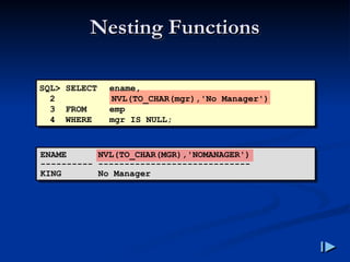 Nesting Functions
Nesting Functions
SQL> SELECT ename,
2 NVL(TO_CHAR(mgr),'No Manager')
3 FROM emp
4 WHERE mgr IS NULL;
ENAME NVL(TO_CHAR(MGR),'NOMANAGER')
---------- -----------------------------
KING No Manager
 