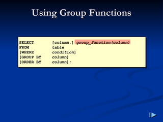 Using Group Functions
Using Group Functions
SELECT [column,] group_function(column)
FROM table
[WHERE condition]
[GROUP BY column]
[ORDER BY column];
 