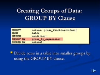 Creating Groups of Data
Creating Groups of Data:
:
GROUP BY Clause
GROUP BY Clause
SELECT column, group_function(column)
FROM table
[WHERE condition]
[GROUP BY group_by_expression]
[ORDER BY column];
 Divide rows in a table into smaller groups by
Divide rows in a table into smaller groups by
using the GROUP BY clause
using the GROUP BY clause.
.
 