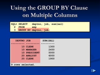 Using the GROUP BY Clause
Using the GROUP BY Clause
on Multiple Columns
on Multiple Columns
SQL> SELECT deptno, job, sum(sal)
2 FROM emp
3 GROUP BY deptno, job;
DEPTNO JOB SUM(SAL)
--------- --------- ---------
10 CLERK 1300
10 MANAGER 2450
10 PRESIDENT 5000
20 ANALYST 6000
20 CLERK 1900
...
9 rows selected.
 