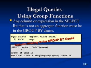 Illegal Queries
Illegal Queries
Using Group Functions
Using Group Functions
 Any column or expression in the SELECT
Any column or expression in the SELECT
list that is not an aggregate function must be
list that is not an aggregate function must be
in the GROUP BY clause
in the GROUP BY clause.
.
SQL> SELECT deptno, COUNT(ename)
2 FROM emp;
SELECT deptno, COUNT(ename)
*
ERROR at line 1:
ORA-00937: not a single-group group function
Column missing in the GROUP BY clause
Column missing in the GROUP BY clause
 