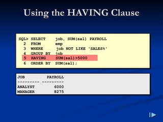 Using the HAVING Clause
Using the HAVING Clause
SQL> SELECT job, SUM(sal) PAYROLL
2 FROM emp
3 WHERE job NOT LIKE 'SALES%'
4 GROUP BY job
6 ORDER BY SUM(sal);
JOB PAYROLL
--------- ---------
ANALYST 6000
MANAGER 8275
5 HAVING SUM(sal)>5000
 