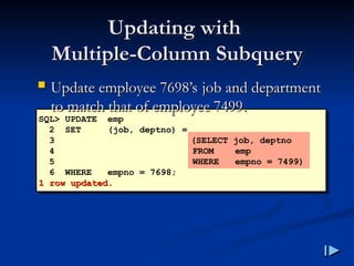 Updating with
Updating with
Multiple
Multiple-
-Column Subquery
Column Subquery
SQL> UPDATE emp
2 SET (job, deptno) =
3 (SELECT job, deptno
4 FROM emp
5 WHERE empno = 7499)
6 WHERE empno = 7698;
1 row updated
1 row updated.
.
 Update employee 7698’s job and department
Update employee 7698’s job and department
to match that of employee 7499
to match that of employee 7499.
.
 