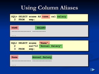Using Column Aliases
Using Column Aliases
SQL> SELECT ename AS name, sal salary
2 FROM emp;
NAME SALARY
------------- ---------
...
SQL> SELECT ename "Name",
2 sal*12 "Annual Salary"
3 FROM emp;
Name Annual Salary
------------- -------------
...
 