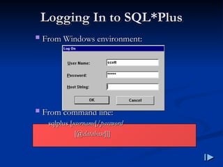 Logging In to SQL
Logging In to SQL*
*Plus
Plus
 From Windows environment
From Windows environment:
:
 From command line
From command line:
:
sqlplus
sqlplus [
[username
username[/
[/password
password
[
[@
@database
database]]]
]]]
 