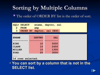 Sorting by Multiple Columns
Sorting by Multiple Columns
 The order of ORDER BY list is the order of sort
The order of ORDER BY list is the order of sort.
.
• You can sort by a column that is not in the
SELECT list.
SQL> SELECT ename, deptno, sal
2 FROM emp
3 ORDER BY deptno, sal DESC;
ENAME DEPTNO SAL
---------- --------- ---------
KING 10 5000
CLARK 10 2450
MILLER 10 1300
FORD 20 3000
...
14 rows selected.
 