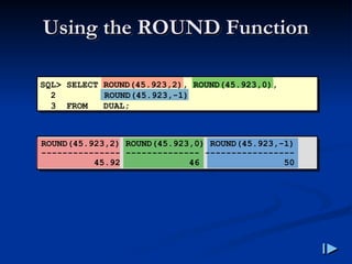 Using the ROUND Function
Using the ROUND Function
SQL> SELECT ROUND(45.923,2), ROUND(45.923,0),
2 ROUND(45.923,-1)
3 FROM DUAL;
ROUND(45.923,2) ROUND(45.923,0) ROUND(45.923,-1)
--------------- -------------- -----------------
45.92 46 50
 