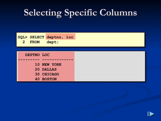 Selecting Specific Columns
Selecting Specific Columns
DEPTNO LOC
--------- -------------
10 NEW YORK
20 DALLAS
30 CHICAGO
40 BOSTON
SQL> SELECT deptno, loc
2 FROM dept;
 