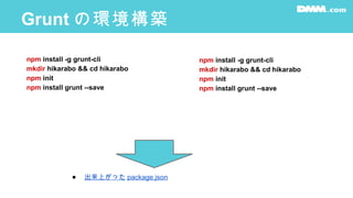 Grunt の環境構築
npm install -g grunt-cli
mkdir hikarabo && cd hikarabo
npm init
npm install grunt --save
npm install -g grunt-cli
mkdir hikarabo && cd hikarabo
npm init
npm install grunt --save
● 出来上がった package.json
 