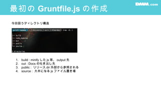 最初の Gruntfile.js の作成
今回扱うディレクトリ構造
1. build : minify した js 等、 output 先
2. out : Docs の吐き出し先
3. public : リリース dir 外部から参照される
4. source : 大本になる js ファイル置き場
 