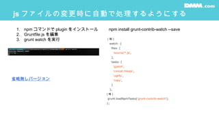 js ファイルの変更時に自動で処理するようにする
（略 )
watch: {
files: [
'source/*.js',
],
tasks: [
'gjslint',
'concat:hikajs',
'uglify',
'copy',
]
},
( 略 )
grunt.loadNpmTasks('grunt-contrib-watch');
};
1. npm コマンドで plugin をインストール
2. Gruntfile.js を編集
3. grunt watch を実行
npm install grunt-contrib-watch --save
省略無しバージョン
 