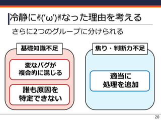 さらに2つのグループに分けられる
冷静に✌(‘ω’)✌なった理由を考える
20
変なバグが
複合的に混じる
適当に
処理を追加
誰も原因を
特定できない
基礎知識不足 焦り・判断力不足
 