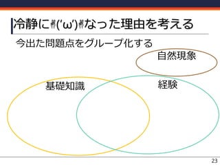 冷静に✌(‘ω’)✌なった理由を考える
今出た問題点をグループ化する
23
基礎知識 経験
自然現象
 