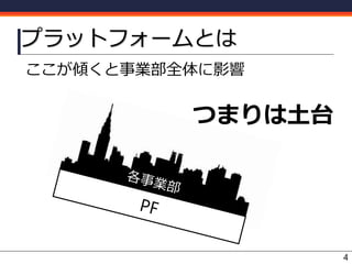 プラットフォームとは
ここが傾くと事業部全体に影響
4
つまりは土台
 