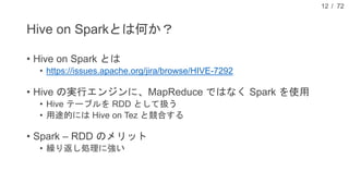/ 72
Hive on Sparkとは何か？
• Hive on Spark とは
• https://issues.apache.org/jira/browse/HIVE-7292
• Hive の実行エンジンに、MapReduce ではなく Spark を使用
• Hive テーブルを RDD として扱う
• 用途的には Hive on Tez と競合する
• Spark – RDD のメリット
• 繰り返し処理に強い
12
 