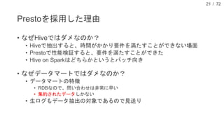 / 72
Prestoを採用した理由
• なぜHiveではダメなのか？
• Hiveで抽出すると、時間がかかり要件を満たすことができない場面
• Prestoで性能検証すると、要件を満たすことができた
• Hive on Sparkはどちらかというとバッチ向き
• なぜデータマートではダメなのか？
• データマートの特徴
• RDBなので、問い合わせは非常に早い
• 集約されたデータしかない
• 生ログもデータ抽出の対象であるので見送り
21
 