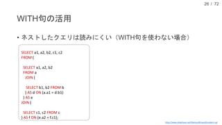 / 72
WITH句の活用
• ネストしたクエリは読みにくい（WITH句を使わない場合）
26
http://www.slideshare.net/MarkusWinand/modern-sql
-- ▽ 最後の処理
SELECT a1, a2, b2, c1, c2
FROM (
-- ▽ 2番目の処理
SELECT a1, a2, b2
FROM a
JOIN (
-- ▽ 最初の処理
SELECT b1, b2 FROM b
) AS d ON (a.a1 = d.b1)
) AS e
JOIN (
-- ▽ 3番目の処理
SELECT c1, c2 FROM c
) AS f ON (e.a2 = f.c1);
 