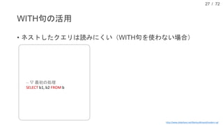 / 72
WITH句の活用
• ネストしたクエリは読みにくい（WITH句を使わない場合）
27
http://www.slideshare.net/MarkusWinand/modern-sql
-- ▽ 最後の処理
SELECT a1, a2, b2, c1, c2
FROM (
-- ▽ 2番目の処理
SELECT a1, a2, b2
FROM a
JOIN (
-- ▽ 最初の処理
SELECT b1, b2 FROM b
) AS d ON (a.a1 = d.b1)
) AS e
JOIN (
-- ▽ 3番目の処理
SELECT c1, c2 FROM c
) AS f ON (e.a2 = f.c1);
 