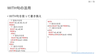 / 72
WITH句の活用
• WITH句を使って書き換え
33
-- ▽ 最後の処理
SELECT a1, a2, b2, c1, c2
FROM (
-- ▽ 2番目の処理
SELECT a1, a2, b2
FROM a
JOIN (
-- ▽ 最初の処理
SELECT b1, b2 FROM b
) AS d ON (a.a1 = d.b1)
) AS e
JOIN (
-- ▽ 3番目の処理
SELECT c1, c2 FROM c
) AS f ON (e.a2 = f.c1);
http://www.slideshare.net/MarkusWinand/modern-sql
WITH
-- ▽ 最初の処理
d AS ( SELECT b1, b2 FROM b ),
-- ▽ 2番目の処理
e AS (
SELECT a1, a2, b2
FROM a JOIN d ON (a.a1 = d.b1)
),
-- ▽ 3番目の処理
f AS ( SELECT c1, c2 FROM c )
-- ▽ 最後の処理
SELECT a1, a2, b2, c1, c2
FROM e
JOIN f ON (e.a2 = f.c1);
 
