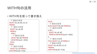 / 72
WITH句の活用
• WITH句を使って書き換え
35
-- ▽ 最後の処理
SELECT a1, a2, b2, c1, c2
FROM (
-- ▽ 2番目の処理
SELECT a1, a2, b2
FROM a
JOIN (
-- ▽ 最初の処理
SELECT b1, b2 FROM b
) AS d ON (a.a1 = d.b1)
) AS e
JOIN (
-- ▽ 3番目の処理
SELECT c1, c2 FROM c
) AS f ON (e.a2 = f.c1);
http://www.slideshare.net/MarkusWinand/modern-sql
WITH
-- ▽ 最初の処理
d AS ( SELECT b1, b2 FROM b ),
-- ▽ 2番目の処理
e AS (
SELECT a1, a2, b2
FROM a JOIN d ON (a.a1 = d.b1)
),
-- ▽ 3番目の処理
f AS ( SELECT c1, c2 FROM c )
-- ▽ 最後の処理
SELECT a1, a2, b2, c1, c2
FROM e
JOIN f ON (e.a2 = f.c1);
 