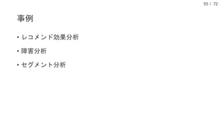 / 72
事例
• レコメンド効果分析
• 障害分析
• セグメント分析
55
 