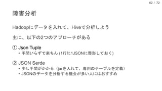 / 72
障害分析
Hadoopにデータを入れて、Hiveで分析しよう
主に、以下の2つのアプローチがある
① Json Tuple
• 手間いらずで楽ちん (1行に1JSONに整形しておく)
② JSON Serde
• 少し手間がかかる（jarを入れて、専用のテーブルを定義）
• JSONのデータを分析する機会が多い人にはおすすめ
62
 