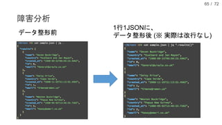 / 72
障害分析
65
データ整形前
1行1JSONに、
データ整形後 (※ 実際は改行なし)
 