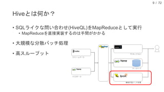 / 72
Hiveとは何か？
• SQLライクな問い合わせ(HiveQL)をMapReduceとして実行
• MapReduceを直接実装するのは手間がかかる
• 大規模な分散バッチ処理
• 高スループット
9
 
