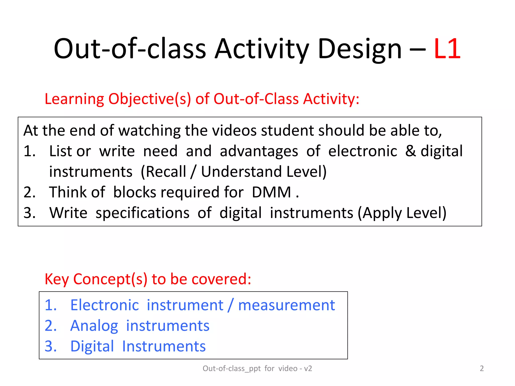Out-of-class Activity Design – L1
At the end of watching the videos student should be able to,
1. List or write need and advantages of electronic & digital
instruments (Recall / Understand Level)
2. Think of blocks required for DMM .
3. Write specifications of digital instruments (Apply Level)
1. Electronic instrument / measurement
2. Analog instruments
3. Digital Instruments
Learning Objective(s) of Out-of-Class Activity:
2
Key Concept(s) to be covered:
Out-of-class_ppt for video - v2
 
