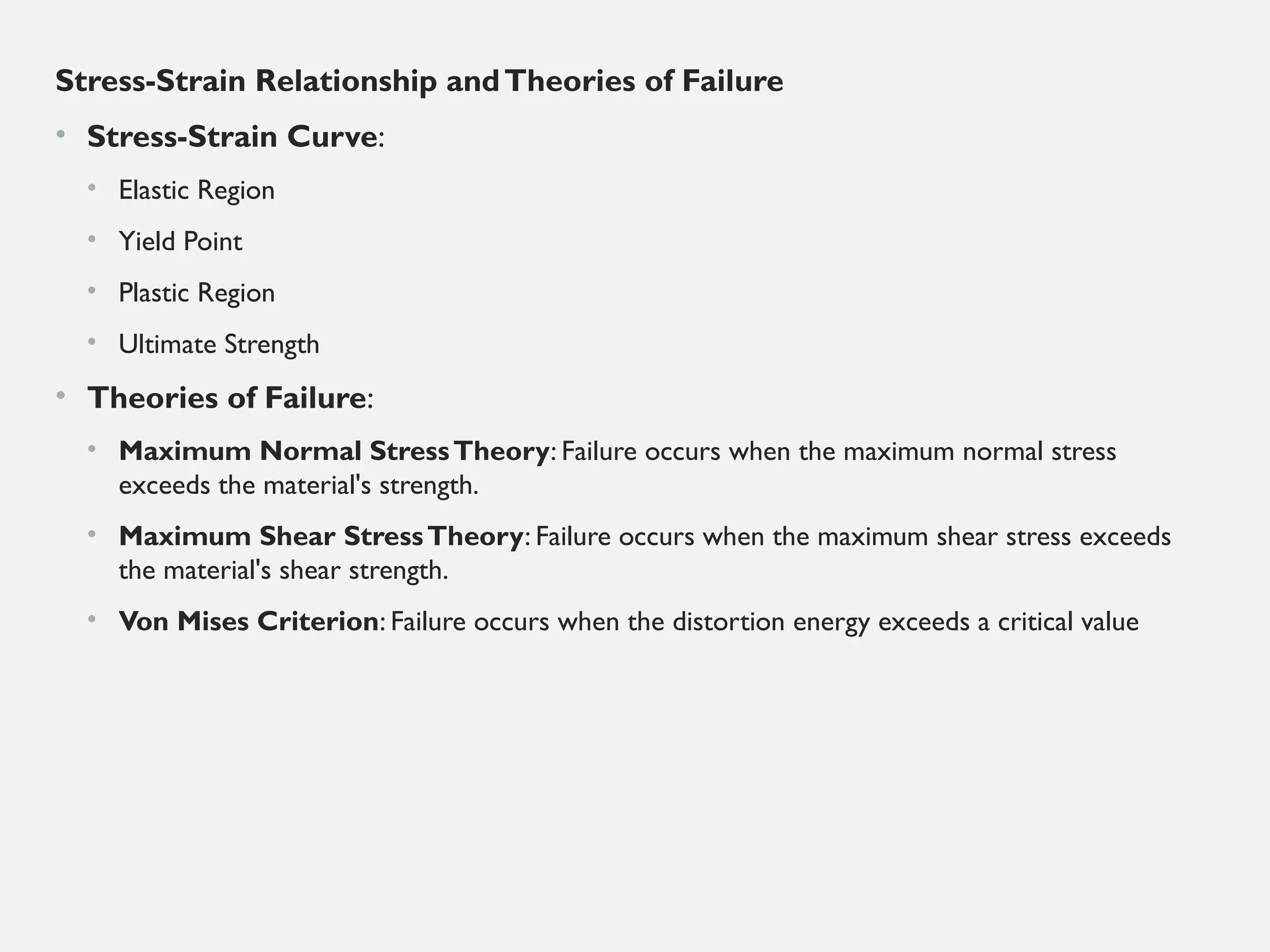 Stress-Strain Relationship andTheories of Failure
• Stress-Strain Curve:
• Elastic Region
• Yield Point
• Plastic Region
• Ultimate Strength
• Theories of Failure:
• Maximum Normal StressTheory: Failure occurs when the maximum normal stress
exceeds the material's strength.
• Maximum Shear StressTheory: Failure occurs when the maximum shear stress exceeds
the material's shear strength.
• Von Mises Criterion: Failure occurs when the distortion energy exceeds a critical value
 