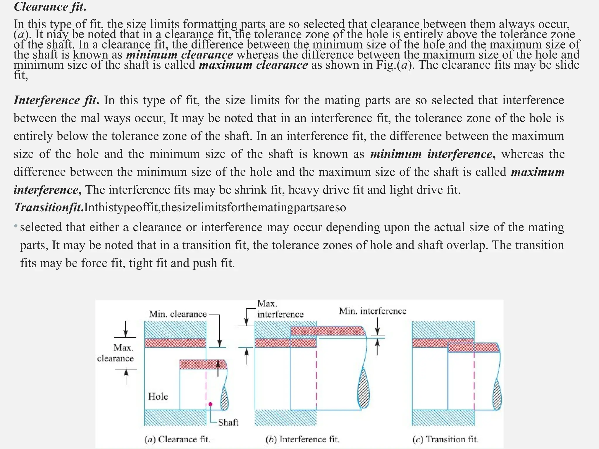 Clearance fit.
In this type of fit, the size limits formatting parts are so selected that clearance between them always occur,
(a). It may be noted that in a clearance fit, the tolerance zone of the hole is entirely above the tolerance zone
of the shaft. In a clearance fit, the difference between the minimum size of the hole and the maximum size of
the shaft is known as minimum clearance whereas the difference between the maximum size of the hole and
minimum size of the shaft is called maximum clearance as shown in Fig.(a). The clearance fits may be slide
fit,
Interference fit. In this type of fit, the size limits for the mating parts are so selected that interference
between the mal ways occur, It may be noted that in an interference fit, the tolerance zone of the hole is
entirely below the tolerance zone of the shaft. In an interference fit, the difference between the maximum
size of the hole and the minimum size of the shaft is known as minimum interference, whereas the
difference between the minimum size of the hole and the maximum size of the shaft is called maximum
interference, The interference fits may be shrink fit, heavy drive fit and light drive fit.
Transitionfit.Inthistypeoffit,thesizelimitsforthematingpartsareso
•selected that either a clearance or interference may occur depending upon the actual size of the mating
parts, It may be noted that in a transition fit, the tolerance zones of hole and shaft overlap. The transition
fits may be force fit, tight fit and push fit.
 