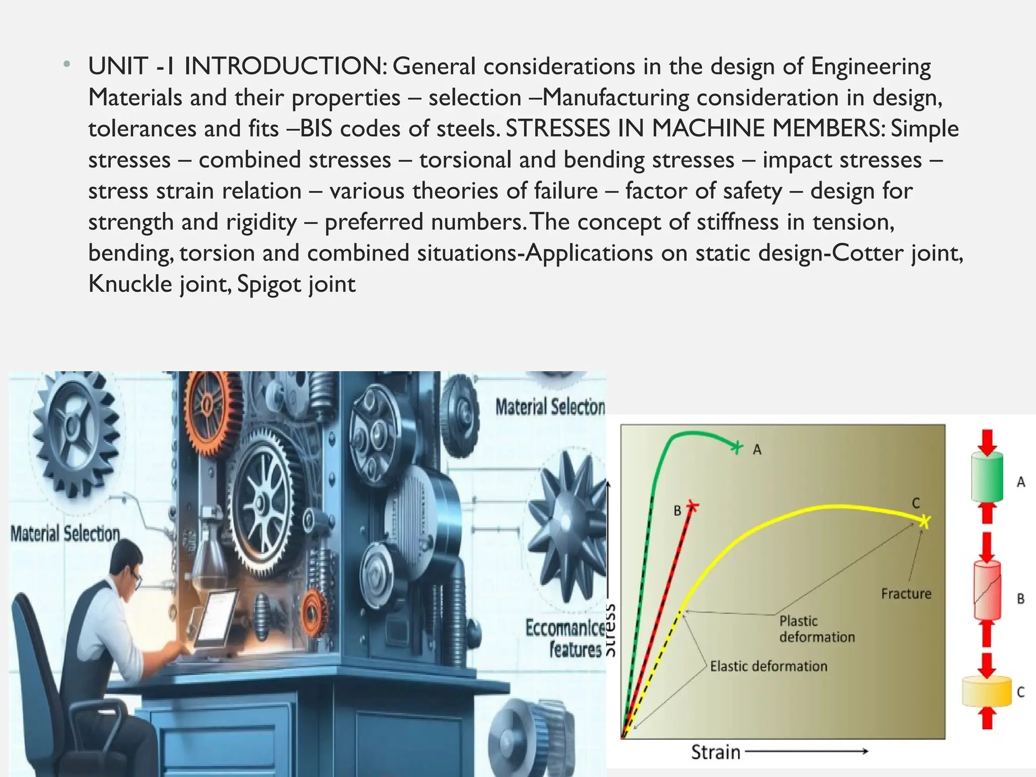 • UNIT -1 INTRODUCTION: General considerations in the design of Engineering
Materials and their properties – selection –Manufacturing consideration in design,
tolerances and fits –BIS codes of steels. STRESSES IN MACHINE MEMBERS: Simple
stresses – combined stresses – torsional and bending stresses – impact stresses –
stress strain relation – various theories of failure – factor of safety – design for
strength and rigidity – preferred numbers.The concept of stiffness in tension,
bending, torsion and combined situations-Applications on static design-Cotter joint,
Knuckle joint, Spigot joint
 