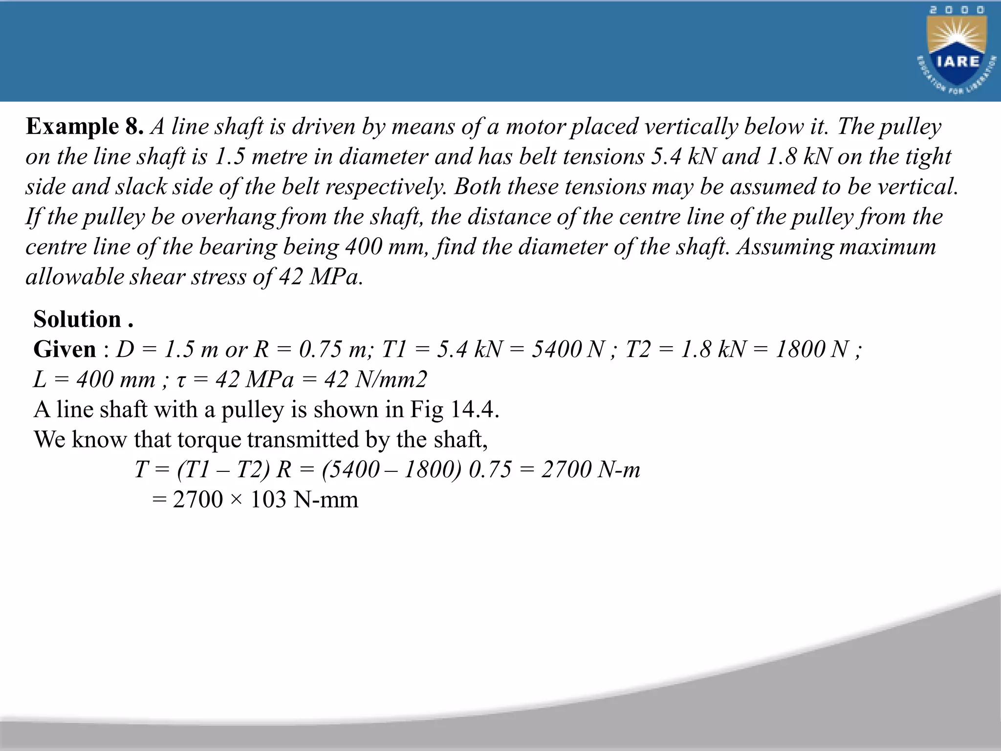 Example 8. A line shaft is driven by means of a motor placed vertically below it. The pulley
on the line shaft is 1.5 metre in diameter and has belt tensions 5.4 kN and 1.8 kN on the tight
side and slack side of the belt respectively. Both these tensions may be assumed to be vertical.
If the pulley be overhang from the shaft, the distance of the centre line of the pulley from the
centre line of the bearing being 400 mm, find the diameter of the shaft. Assuming maximum
allowable shear stress of 42 MPa.
Solution .
Given : D = 1.5 m or R = 0.75 m; T1 = 5.4 kN = 5400 N ; T2 = 1.8 kN = 1800 N ;
L = 400 mm ; τ = 42 MPa = 42 N/mm2
A line shaft with a pulley is shown in Fig 14.4.
We know that torque transmitted by the shaft,
T = (T1 – T2) R = (5400 – 1800) 0.75 = 2700 N-m
= 2700 × 103 N-mm
 