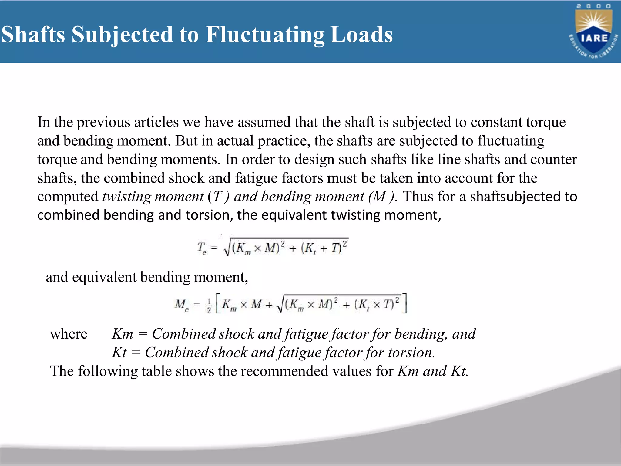 Shafts Subjected to Fluctuating Loads
In the previous articles we have assumed that the shaft is subjected to constant torque
and bending moment. But in actual practice, the shafts are subjected to fluctuating
torque and bending moments. In order to design such shafts like line shafts and counter
shafts, the combined shock and fatigue factors must be taken into account for the
computed twisting moment (T ) and bending moment (M ). Thus for a shaftsubjected to
combined bending and torsion, the equivalent twisting moment,
and equivalent bending moment,
where Km = Combined shock and fatigue factor for bending, and
Kt = Combined shock and fatigue factor for torsion.
The following table shows the recommended values for Km and Kt.
 