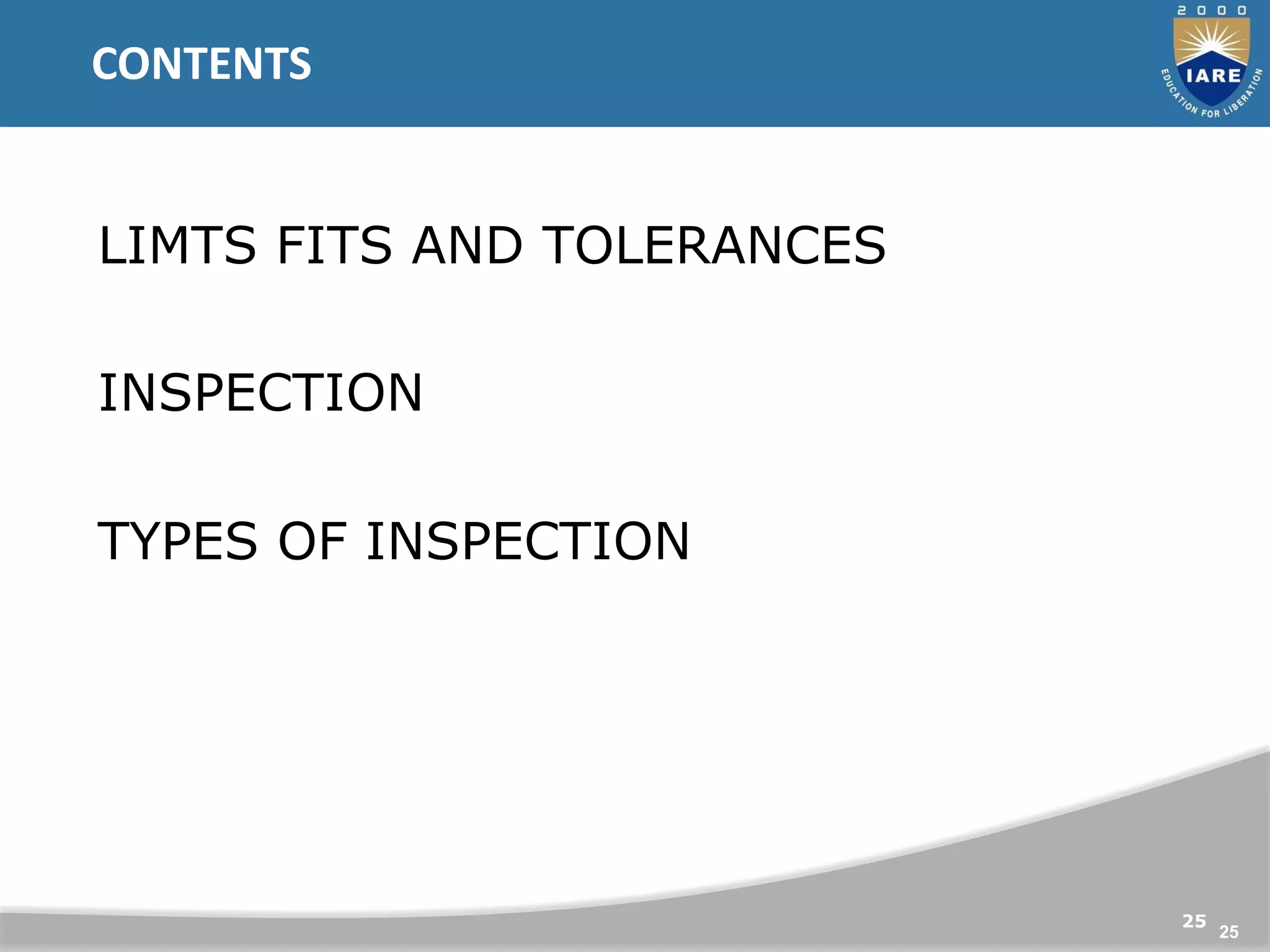 25
CONTENTS
25
LIMTS FITS AND TOLERANCES
INSPECTION
TYPES OF INSPECTIONPES OF
INSPECTION
 