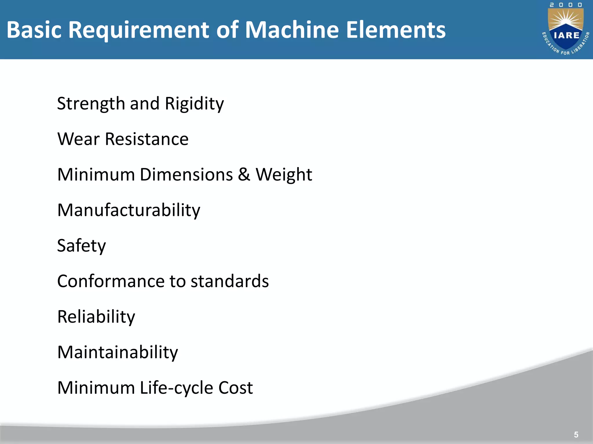 5
Strength and Rigidity
Wear Resistance
Minimum Dimensions & Weight
Manufacturability
Safety
Conformance to standards
Reliability
Maintainability
Minimum Life-cycle Cost
Basic Requirement of Machine Elements
 