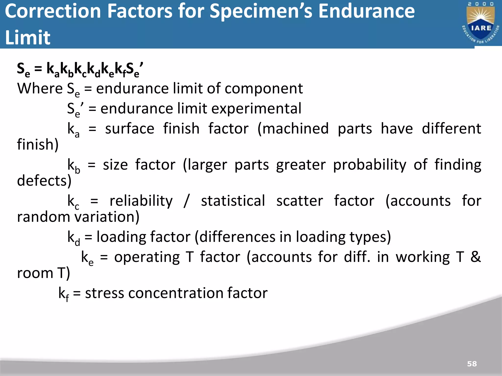 Correction Factors for Specimen’s Endurance
Limit
58
Se = kakbkckdkekfSe’
Where Se = endurance limit of component
Se’ = endurance limit experimental
ka = surface finish factor (machined parts have different
finish)
kb = size factor (larger parts greater probability of finding
defects)
kc = reliability / statistical scatter factor (accounts for
random variation)
kd = loading factor (differences in loading types)
ke = operating T factor (accounts for diff. in working T &
room T)
kf = stress concentration factor
 
