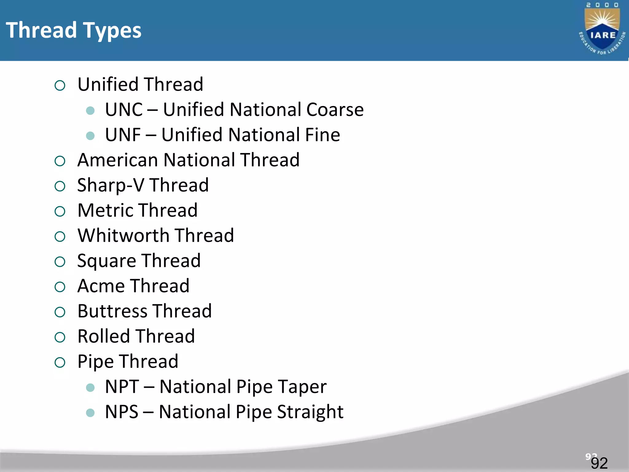 Thread Types
92
92
 Unified Thread
 UNC – Unified National Coarse
 UNF – Unified National Fine
 American National Thread
 Sharp-V Thread
 Metric Thread
 Whitworth Thread
 Square Thread
 Acme Thread
 Buttress Thread
 Rolled Thread
 Pipe Thread
 NPT – National Pipe Taper
 NPS – National Pipe Straight
 