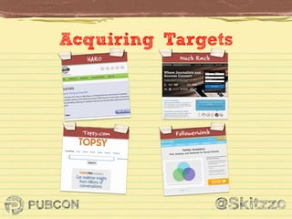 Acquiring Targets
HARO

Topsy.com

Muck Rack

FollowerWonk

 