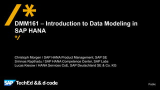 Public
Christoph Morgen / SAP HANA Product Management, SAP SE
Srinivas Rapthadu / SAP HANA Competence Center, SAP Labs
Lucas Kiesow / HANA Services CoE, SAP Deutschland SE & Co. KG
DMM161 – Introduction to Data Modeling in
SAP HANA
 