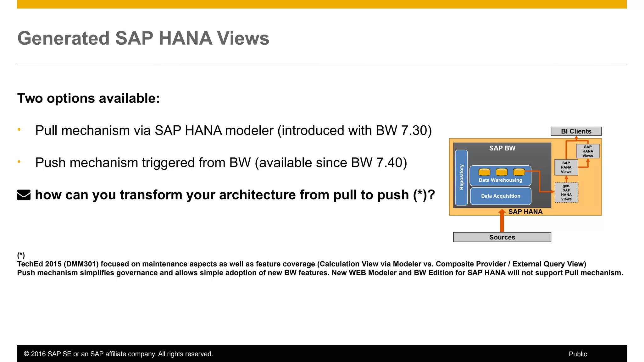 © 2016 SAP SE or an SAP affiliate company. All rights reserved. 29Public
Generated SAP HANA Views
Two options available:
• Pull mechanism via SAP HANA modeler (introduced with BW 7.30)
• Push mechanism triggered from BW (available since BW 7.40)
 how can you transform your architecture from pull to push (*)?
(*)
TechEd 2015 (DMM301) focused on maintenance aspects as well as feature coverage (Calculation View via Modeler vs. Composite Provider / External Query View)
Push mechanism simplifies governance and allows simple adoption of new BW features. New WEB Modeler and BW Edition for SAP HANA will not support Pull mechanism.
 
