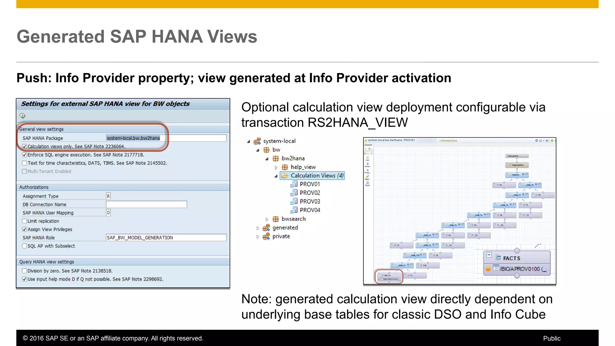 © 2016 SAP SE or an SAP affiliate company. All rights reserved. 32Public
Generated SAP HANA Views
Push: Info Provider property; view generated at Info Provider activation
Optional calculation view deployment configurable via
transaction RS2HANA_VIEW
Note: generated calculation view directly dependent on
underlying base tables for classic DSO and Info Cube
 