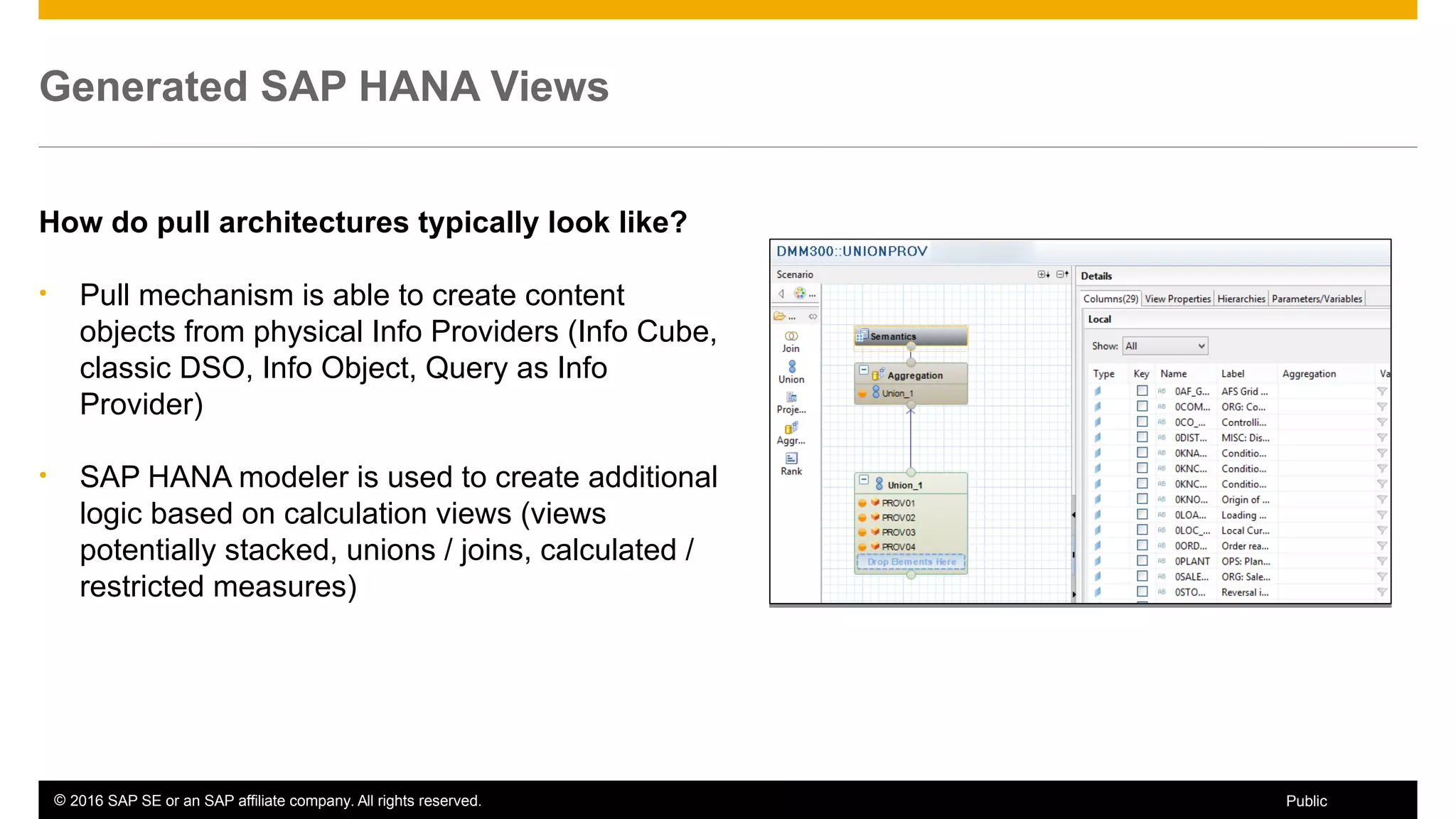 © 2016 SAP SE or an SAP affiliate company. All rights reserved. 33Public
Generated SAP HANA Views
How do pull architectures typically look like?
• Pull mechanism is able to create content
objects from physical Info Providers (Info Cube,
classic DSO, Info Object, Query as Info
Provider)
• SAP HANA modeler is used to create additional
logic based on calculation views (views
potentially stacked, unions / joins, calculated /
restricted measures)
 